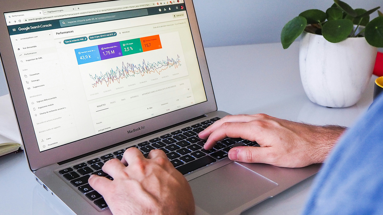 Google Search Console performance statistics displayed on a computer screen